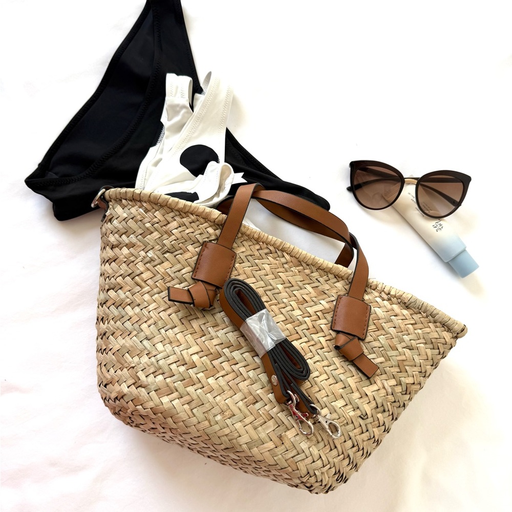 Woven Straw Tote Bag with Tan Leather Handles